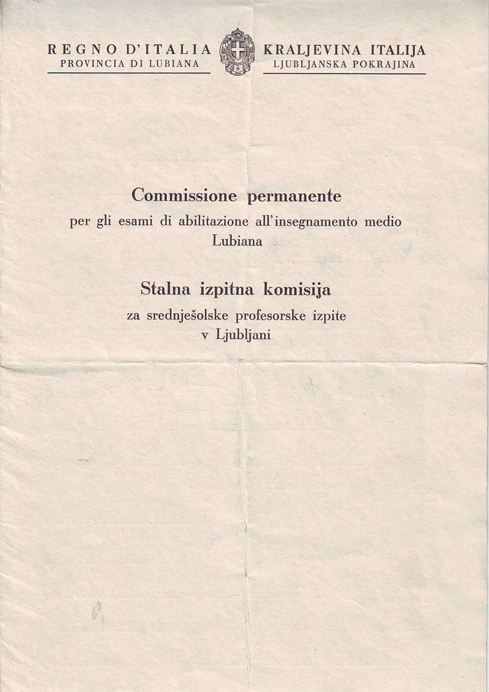 <p>Potrdilo Stalne profesorske izpitne komisije v Ljubljani o prof. izpitu - povsem odlično, 14. marec 1941.</p>