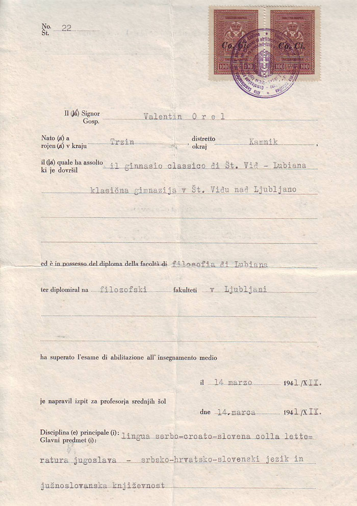 <p>Potrdilo Stalne profesorske izpitne komisije v Ljubljani o prof. izpitu - povsem odlično, 14. marec 1941.</p>