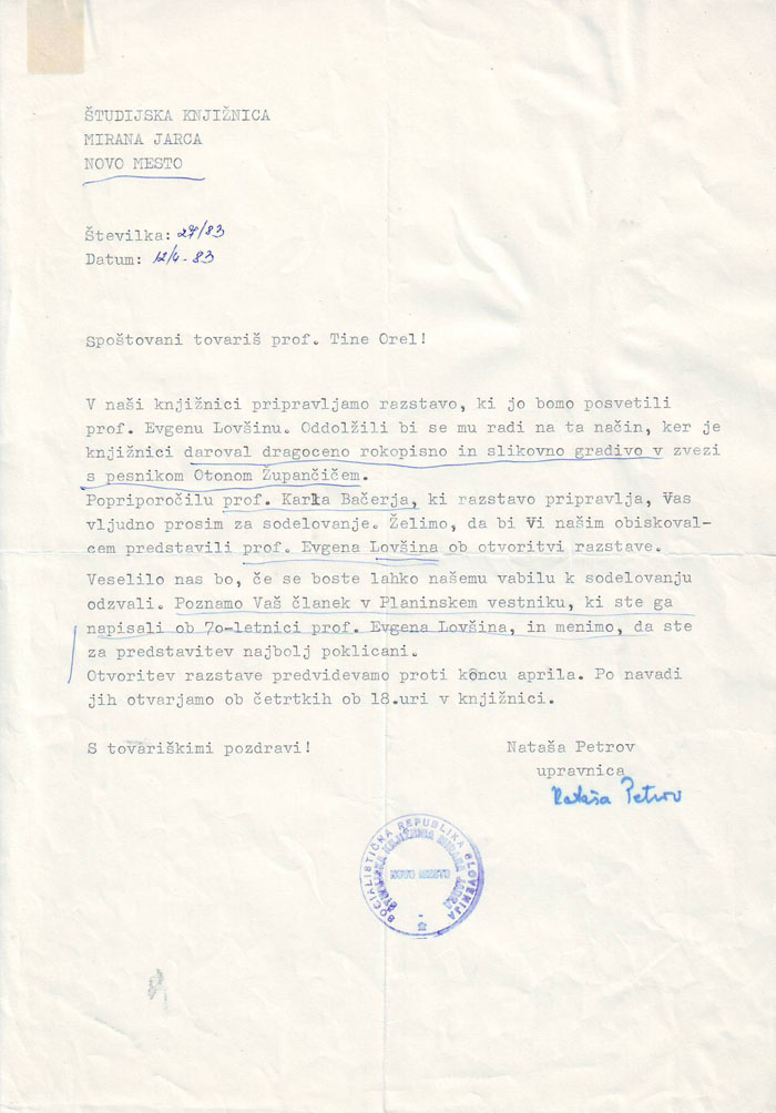 <p>Dopis za počastitev prof. Evgena Lovšina na razstavi v Novem Mestu leta 1983</p>